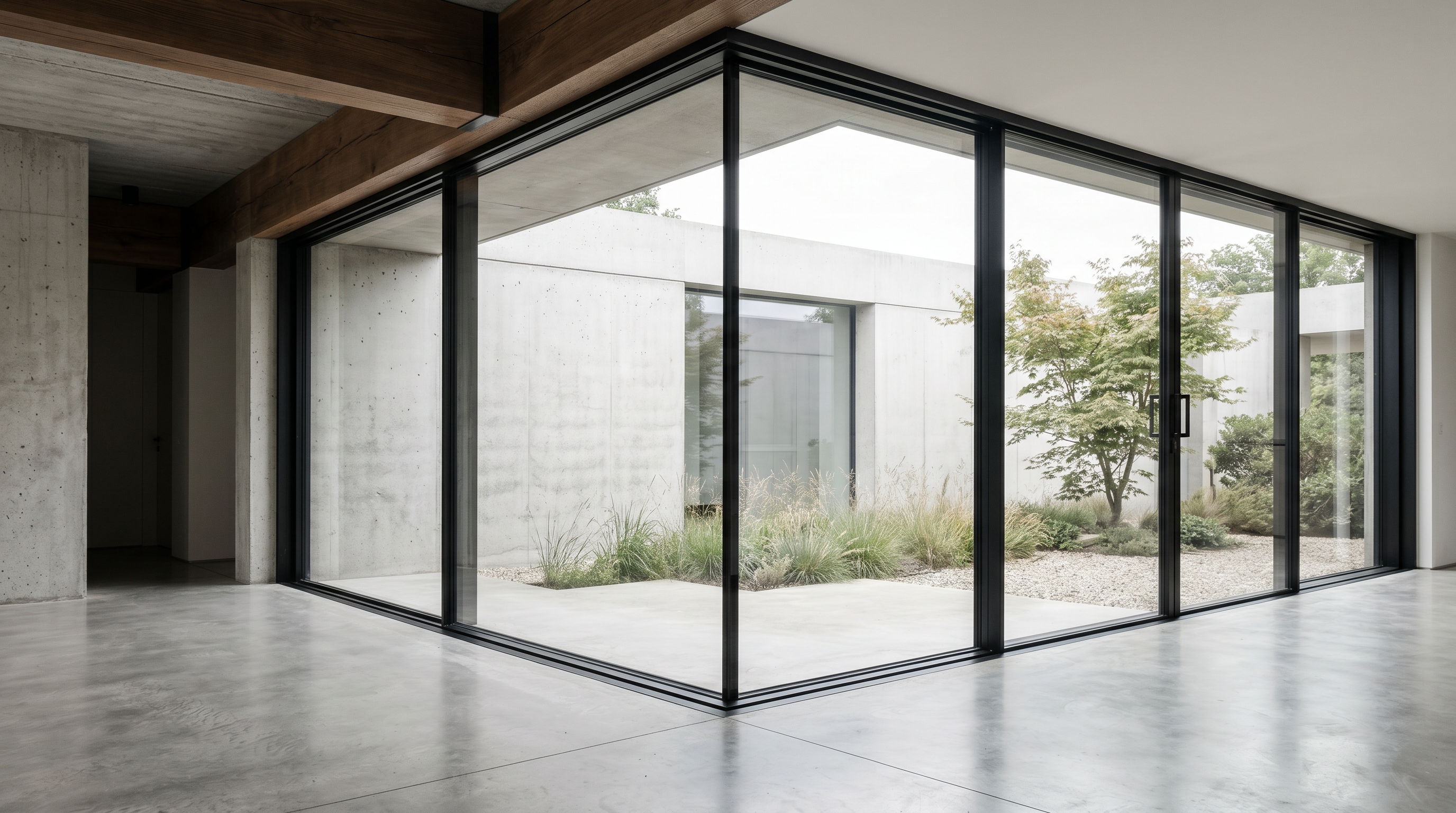 Large-format glass wall system with thin black aluminum frame in modern architectural interior, daylight view